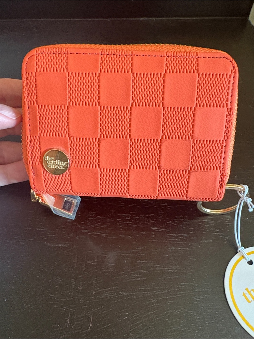 Compact Orange Quilted Keyring Wallet with Gold Accent